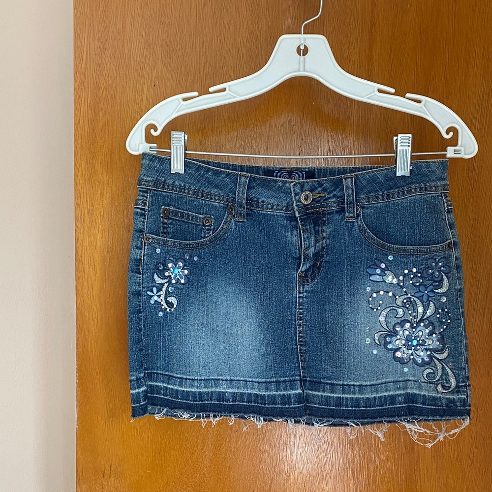 Vintage Embroidered Denim Mini Skirt - Blue